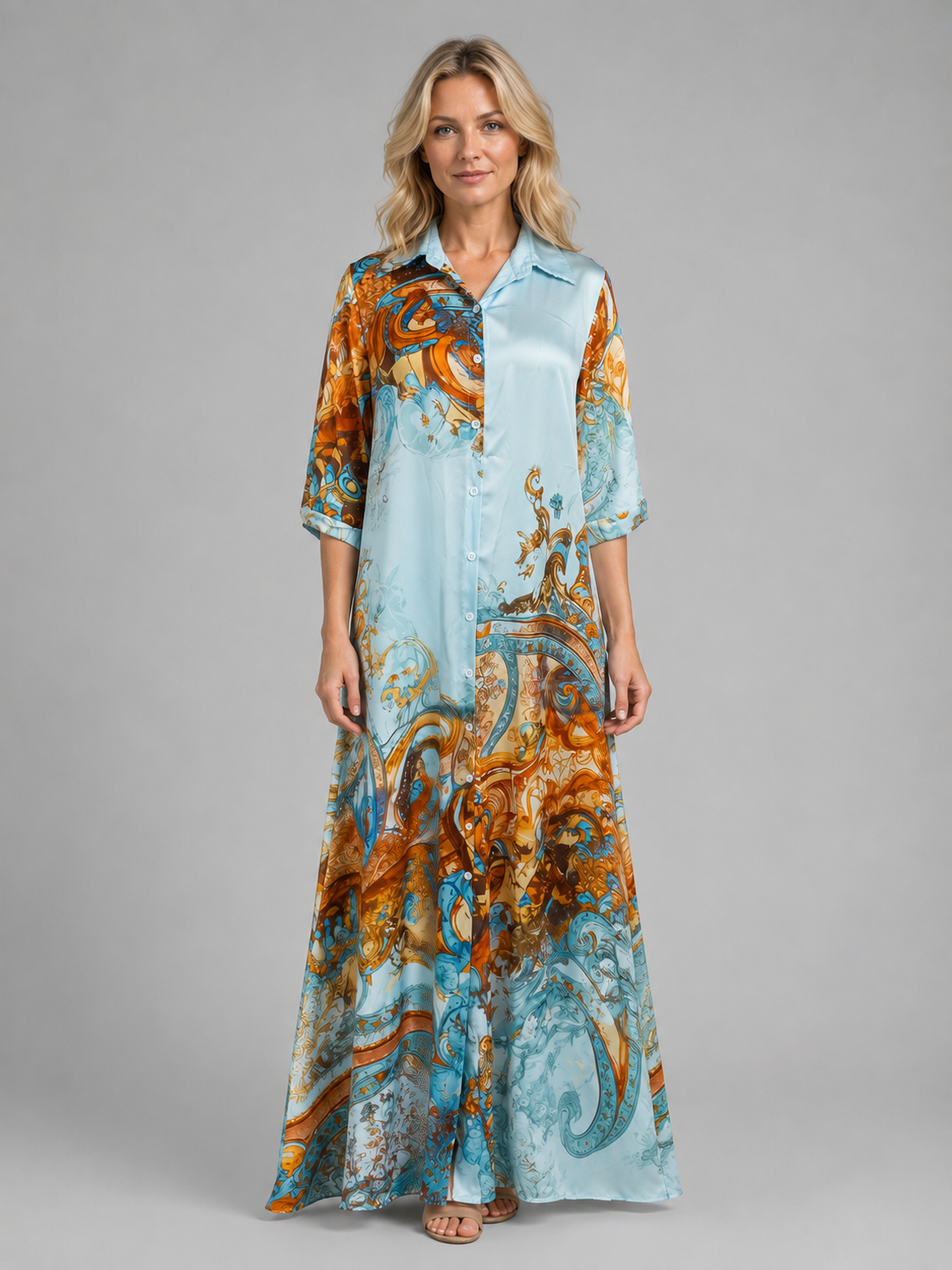Women's Baroque Maxi Dress with Button-Front for Holidays