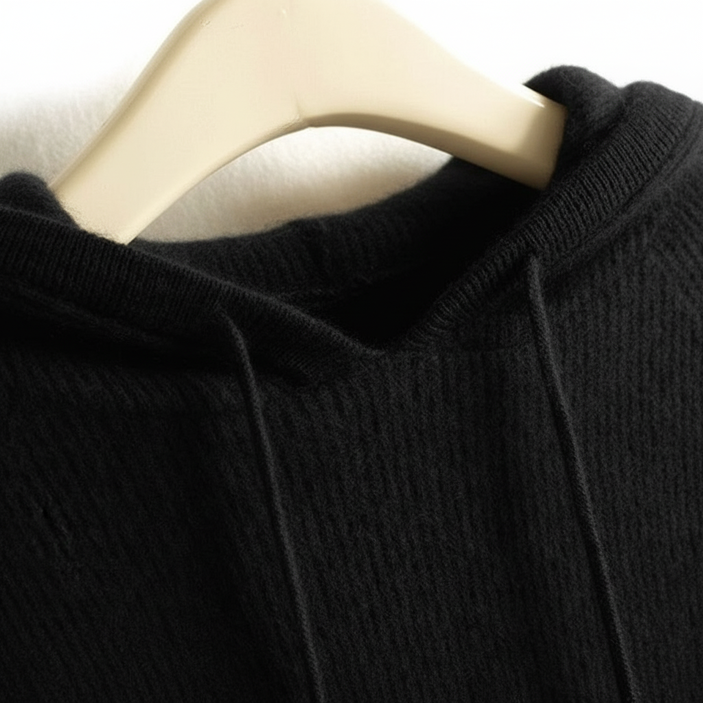 Black cashmere-mink blend hoodie with ribbed trim and drawstring hood on a hanger.