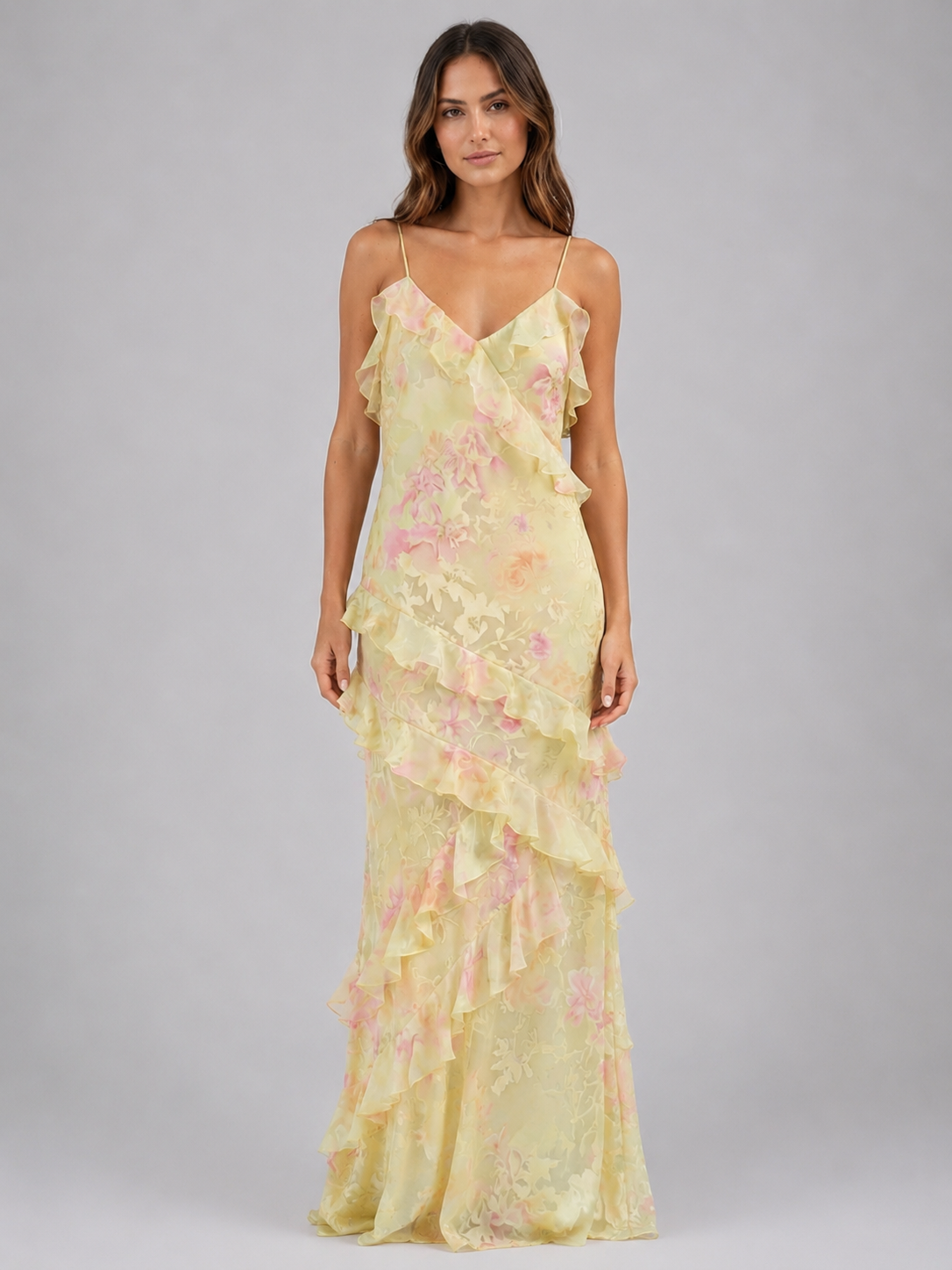 Women's Chiffon Floral Maxi Dress with Ruffles for Wedding