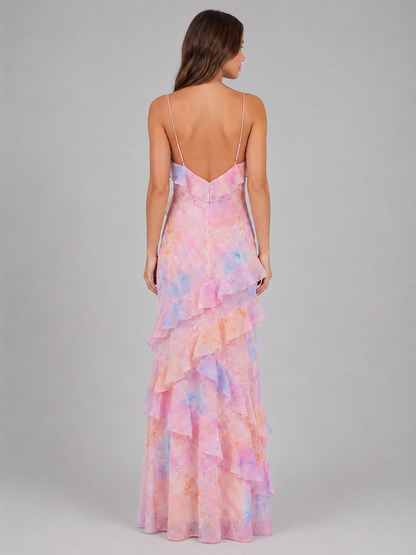 Women's Chiffon Floral Maxi Dress with Ruffles for Wedding