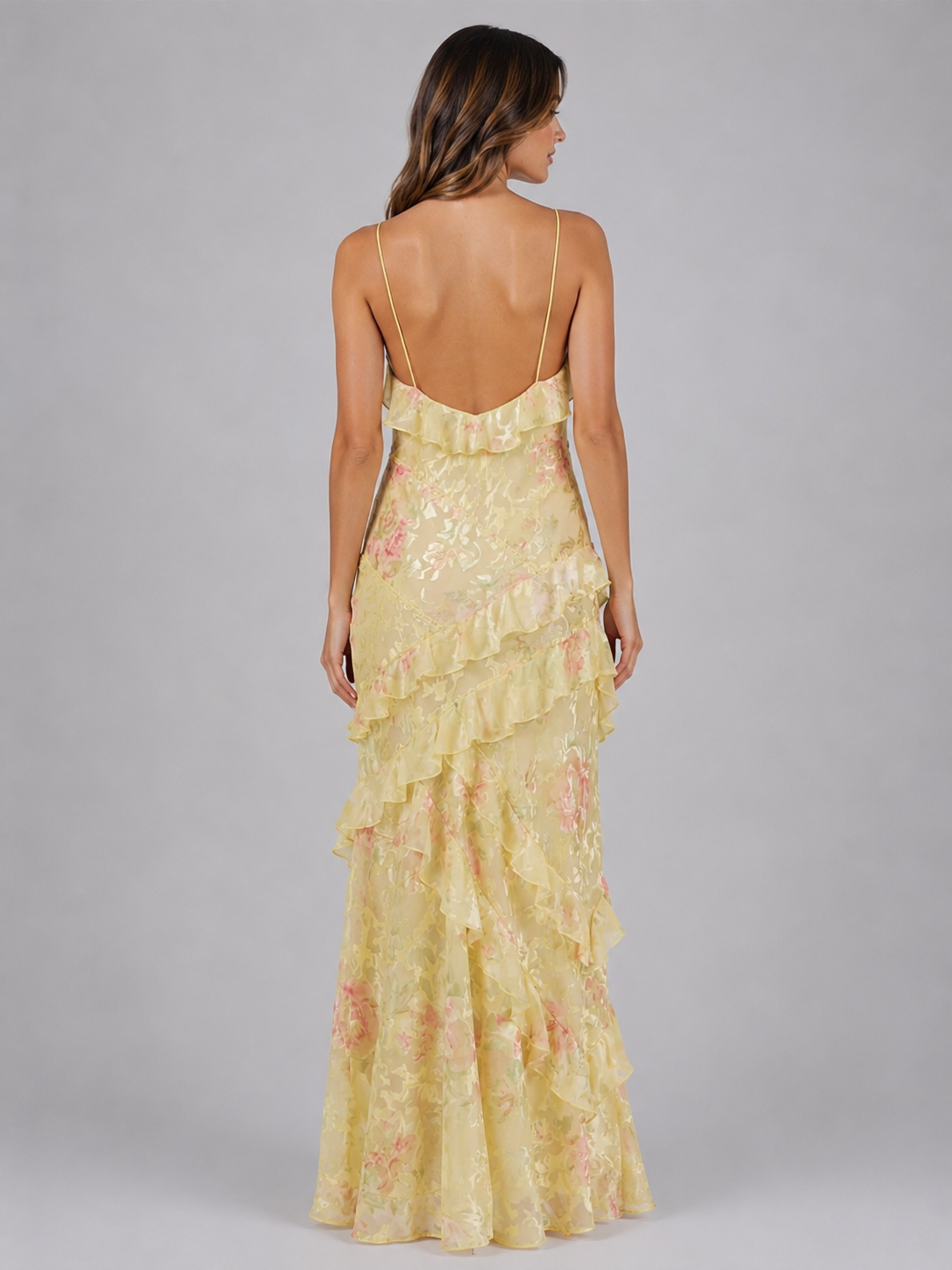 Women's Chiffon Floral Maxi Dress with Ruffles for Wedding