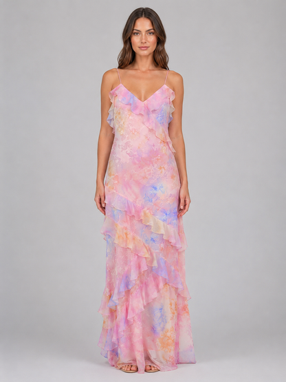 Women's Chiffon Floral Maxi Dress with Ruffles for Wedding