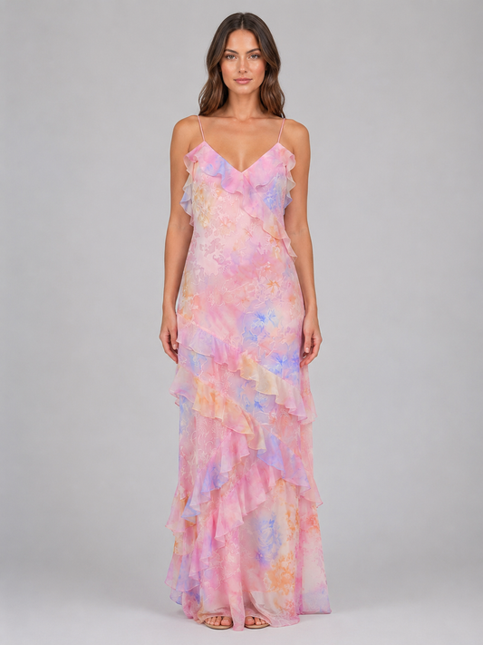 Women's Chiffon Floral Maxi Dress with Ruffles for Wedding