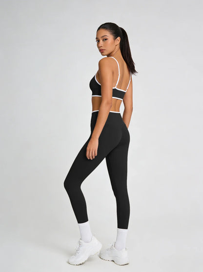 Women's Contrast Trim Yoga Outfit with Spaghetti Bra for Gym