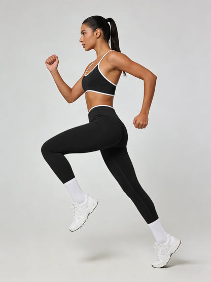 Women's Contrast Trim Yoga Outfit with Spaghetti Bra for Gym