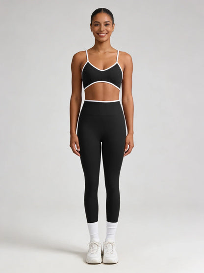 Women's Contrast Trim Yoga Outfit with Spaghetti Bra for Gym