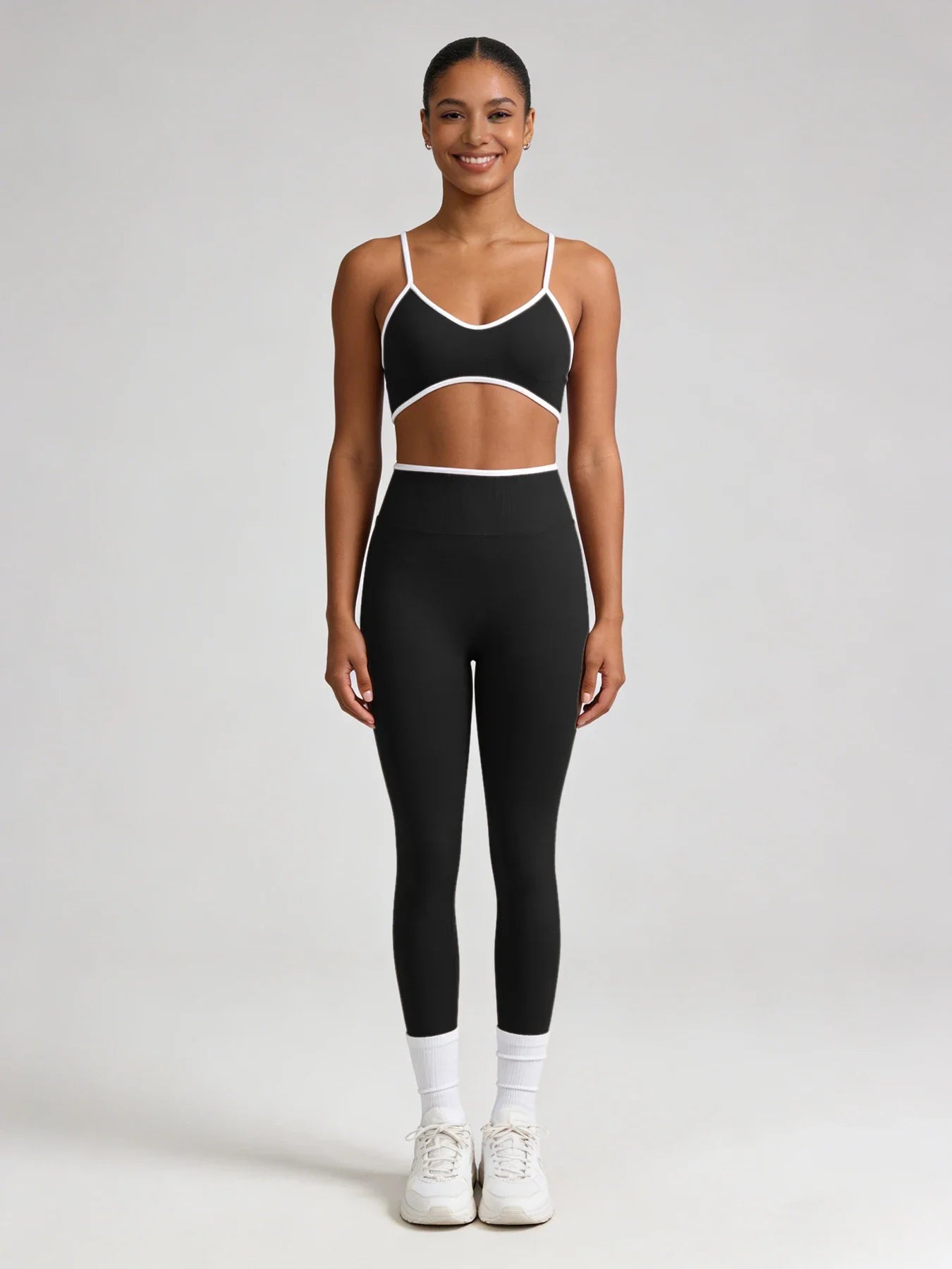 Women's Contrast Trim Yoga Outfit with Spaghetti Bra for Gym