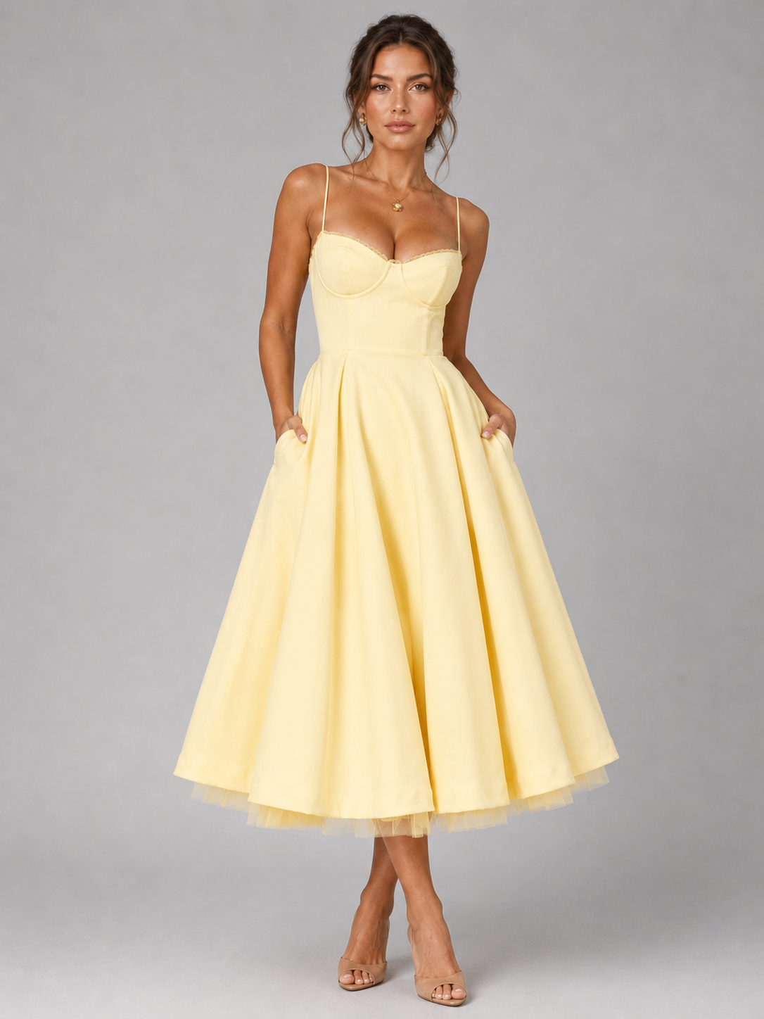 Women's Corset Midi Dress with Full Skirt for Weddings