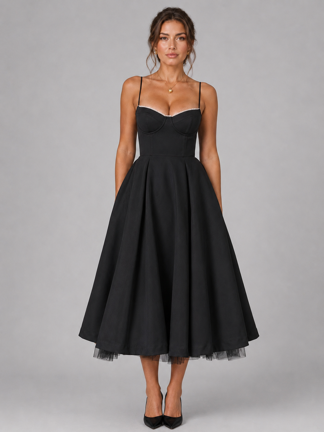 Women's Corset Midi Dress with Full Skirt for Weddings