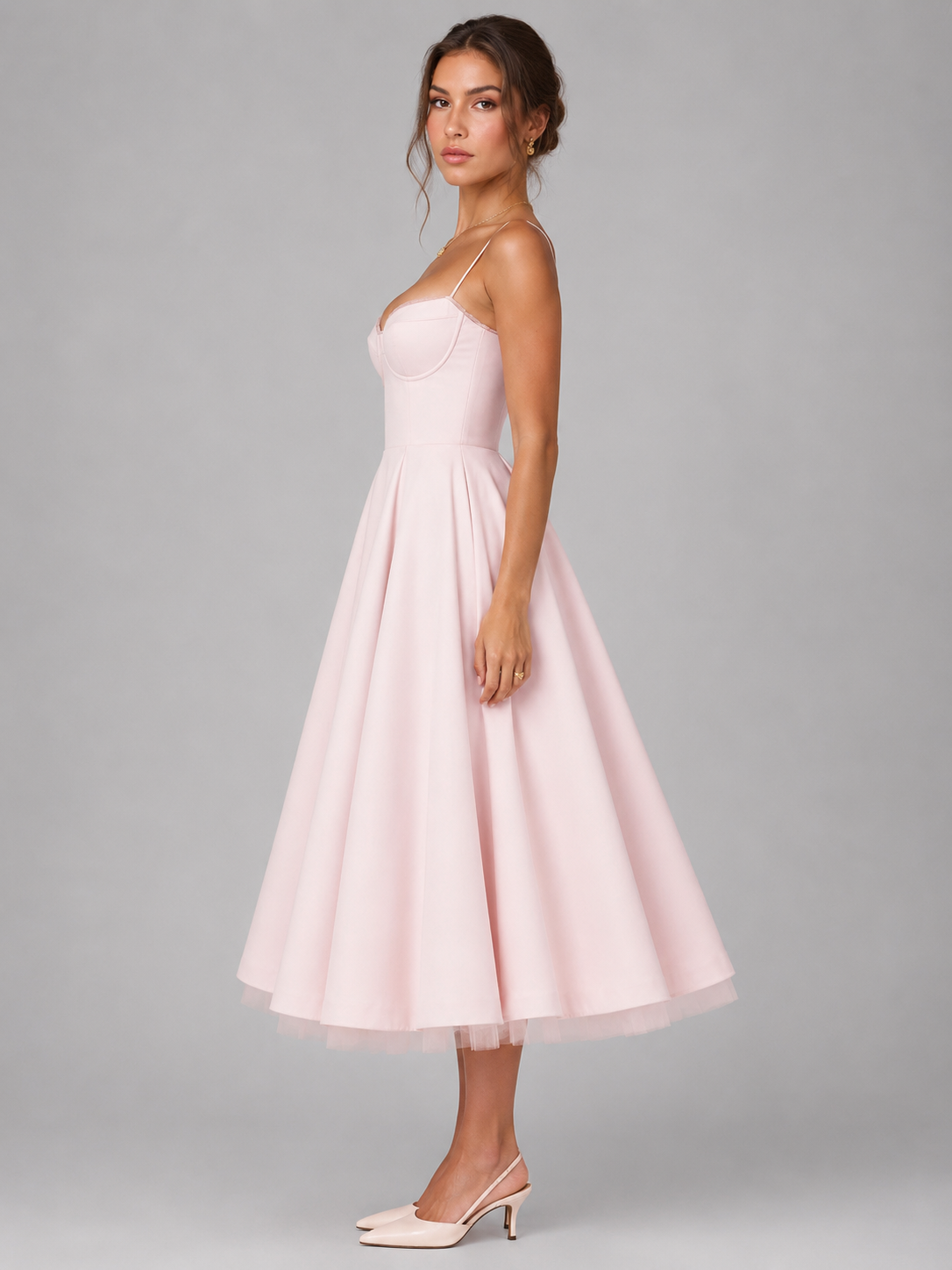 Women's Corset Midi Dress with Full Skirt for Weddings