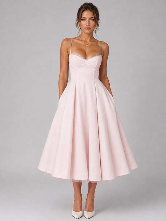 Women's Corset Midi Dress with Full Skirt for Weddings