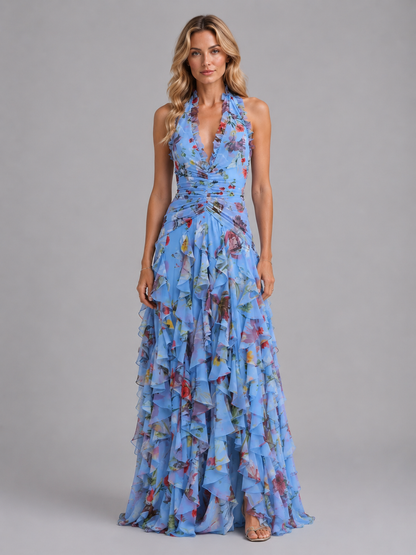Women's Floral Maxi Dress with Halter Neckline for Weddings