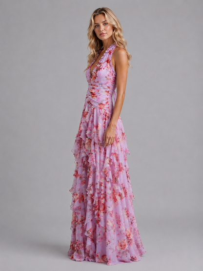 Women's Floral Maxi Dress with Halter Neckline for Weddings