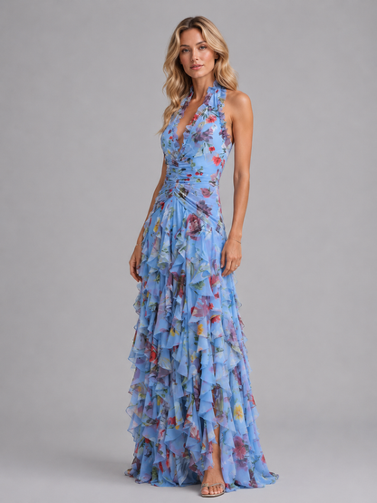 Women's Floral Maxi Dress with Halter Neckline for Weddings