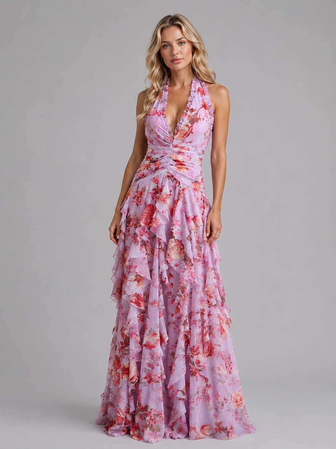 Women's Floral Maxi Dress with Halter Neckline for Weddings