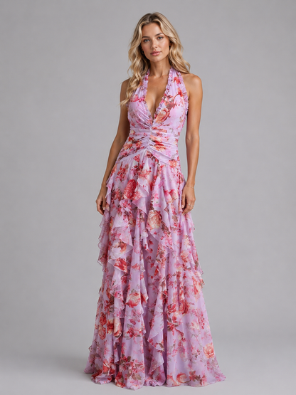 Women's Floral Maxi Dress with Halter Neckline for Weddings