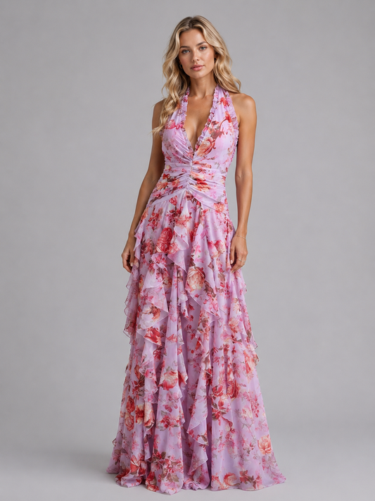 Women's Floral Maxi Dress with Halter Neckline for Weddings