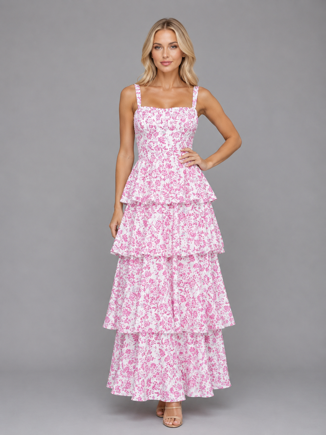 Women's Floral Maxi Dress with Tiered Skirt for Weddings