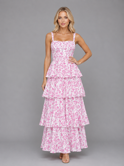 Women's Floral Maxi Dress with Tiered Skirt for Weddings