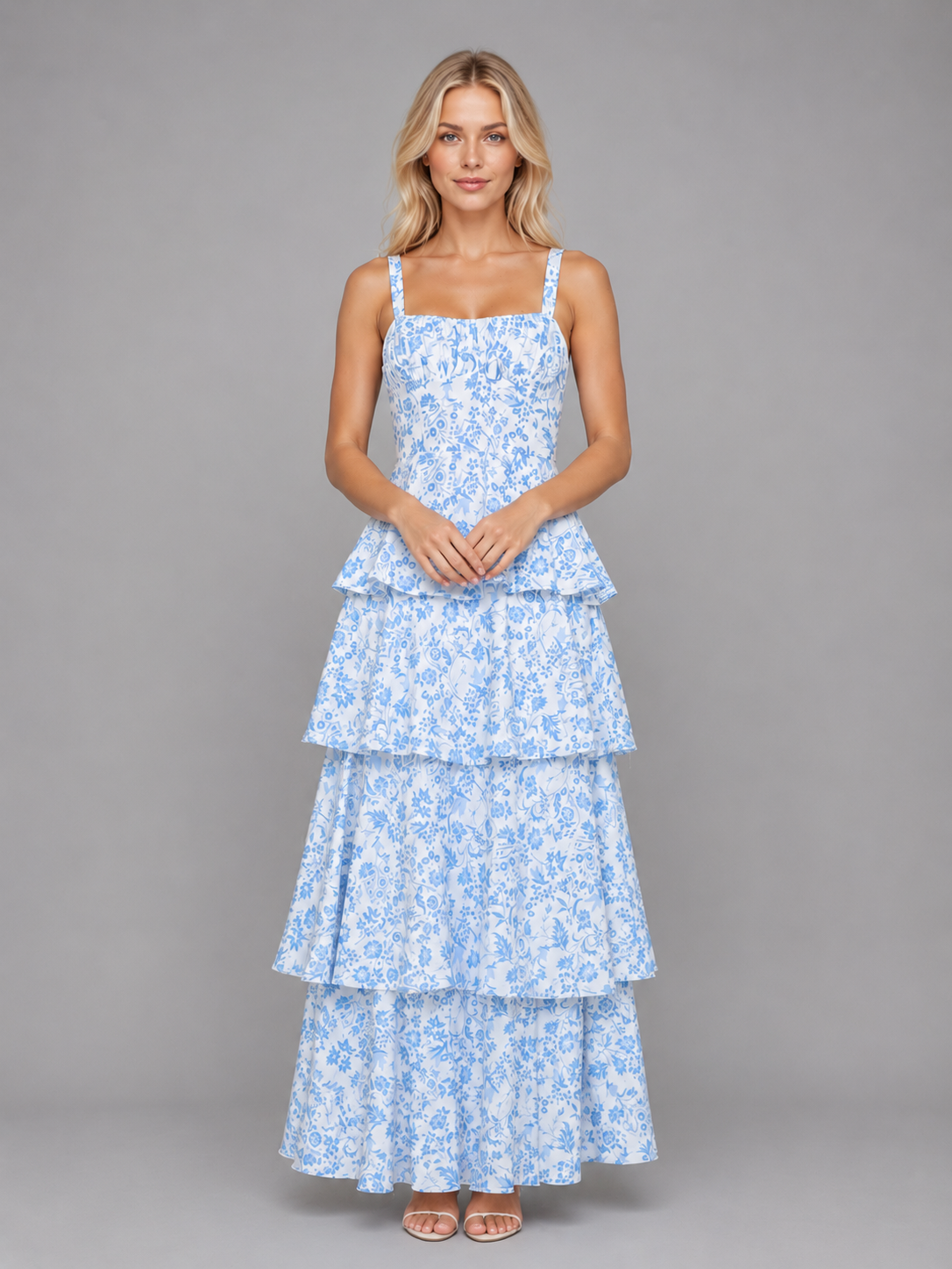 Women's Floral Maxi Dress with Tiered Skirt for Weddings