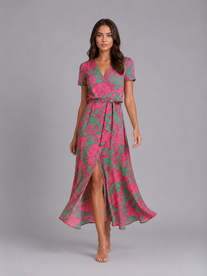 Women's Floral Wrap Midi Dress with Tie Waist for Summer