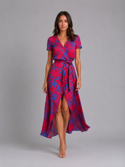Women's Floral Wrap Midi Dress with Tie Waist for Summer