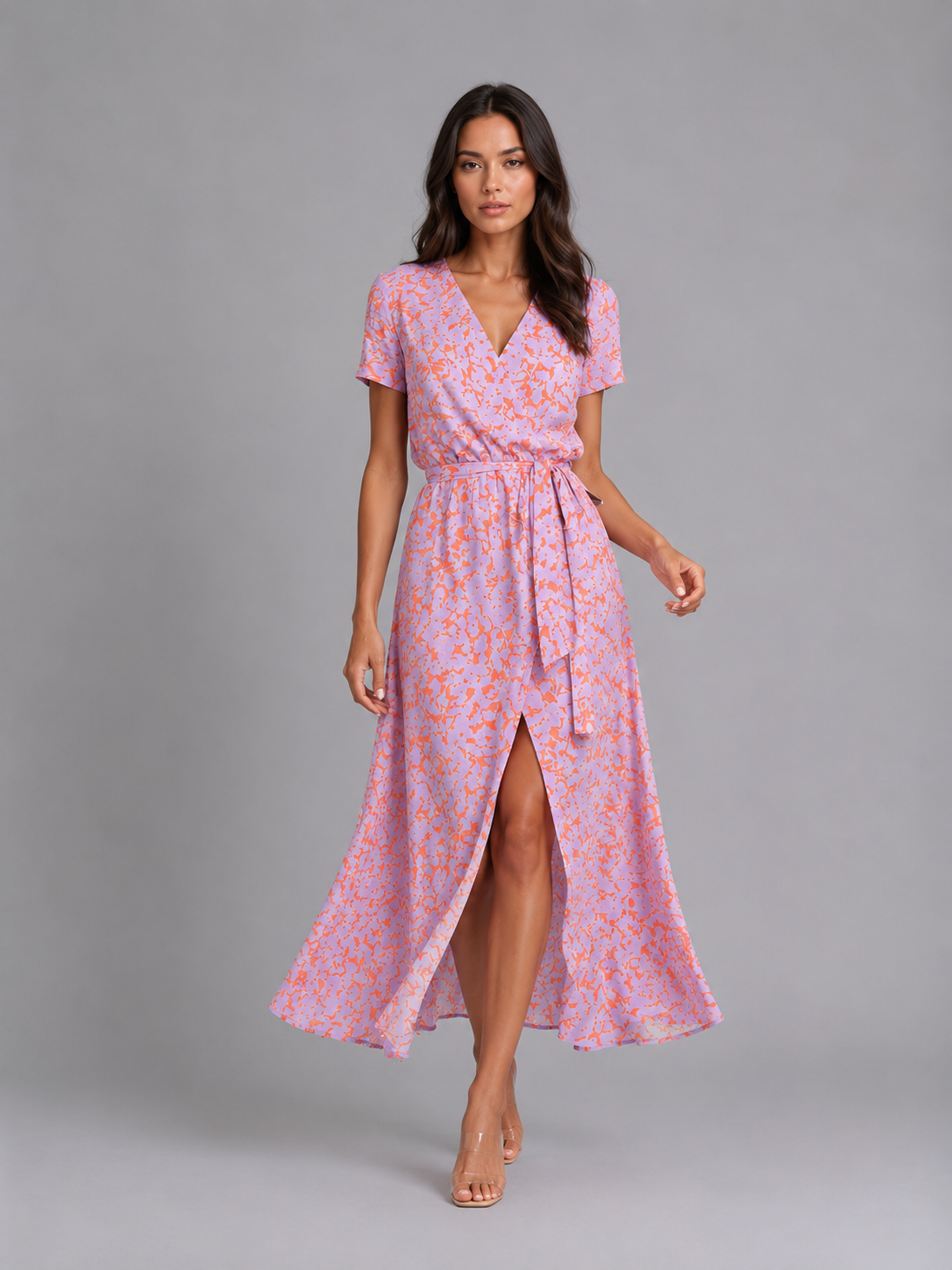Women's Floral Wrap Midi Dress with Tie Waist for Summer