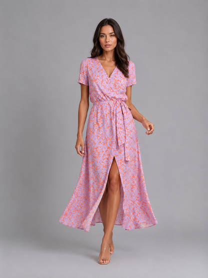 Women's Floral Wrap Midi Dress with Tie Waist for Summer