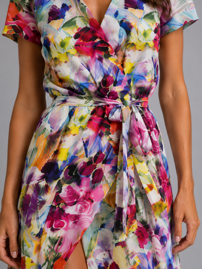 Women's Floral Wrap Midi Dress with Tie Waist for Summer
