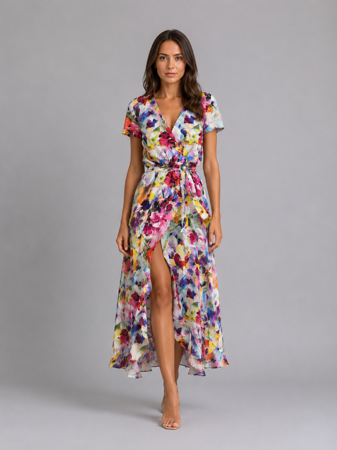 Women's Floral Wrap Midi Dress with Tie Waist for Summer