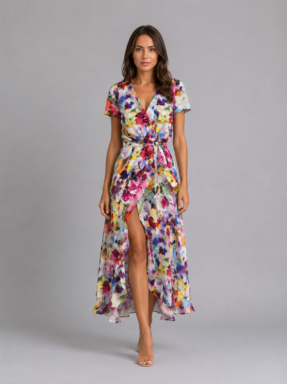 Women's Floral Wrap Midi Dress with Tie Waist for Summer