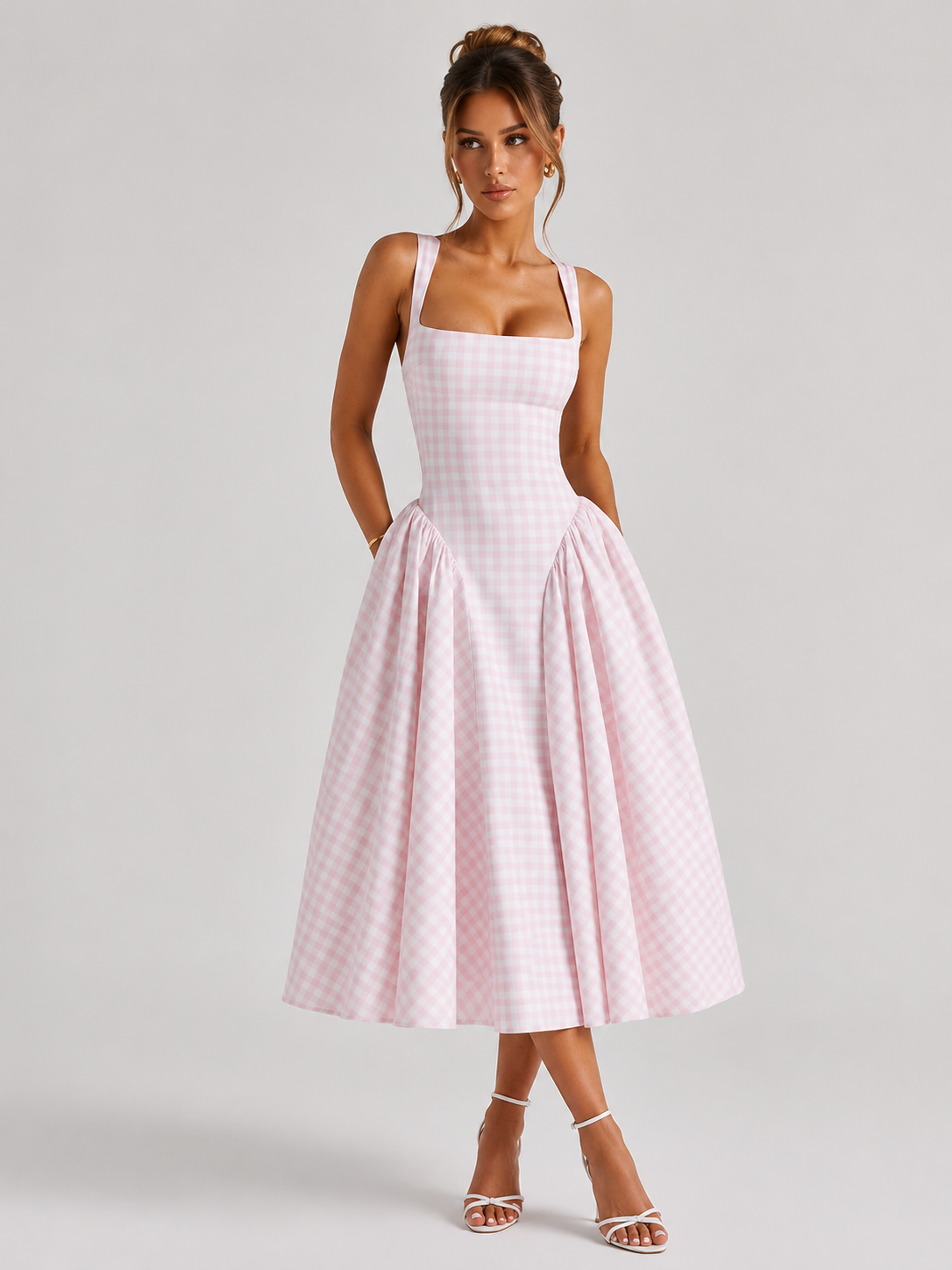 Women's Gingham Midi Dress with Sculpted Waist for Party