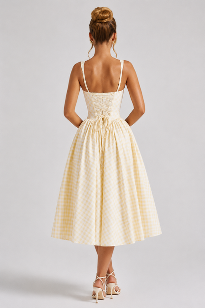 Women's Gingham Midi Dress with Sculpted Waist for Party