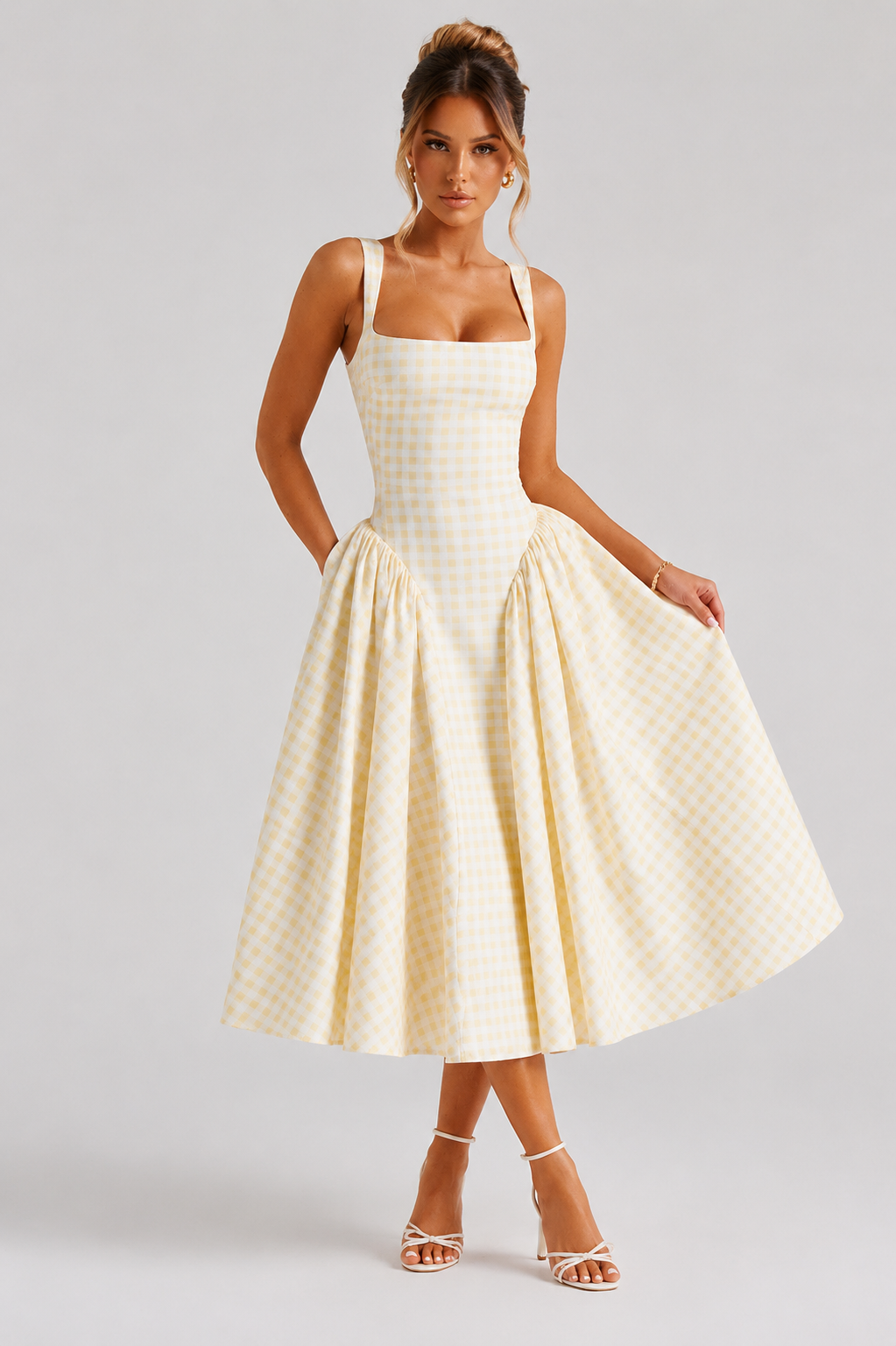 Women's Gingham Midi Dress with Sculpted Waist for Party