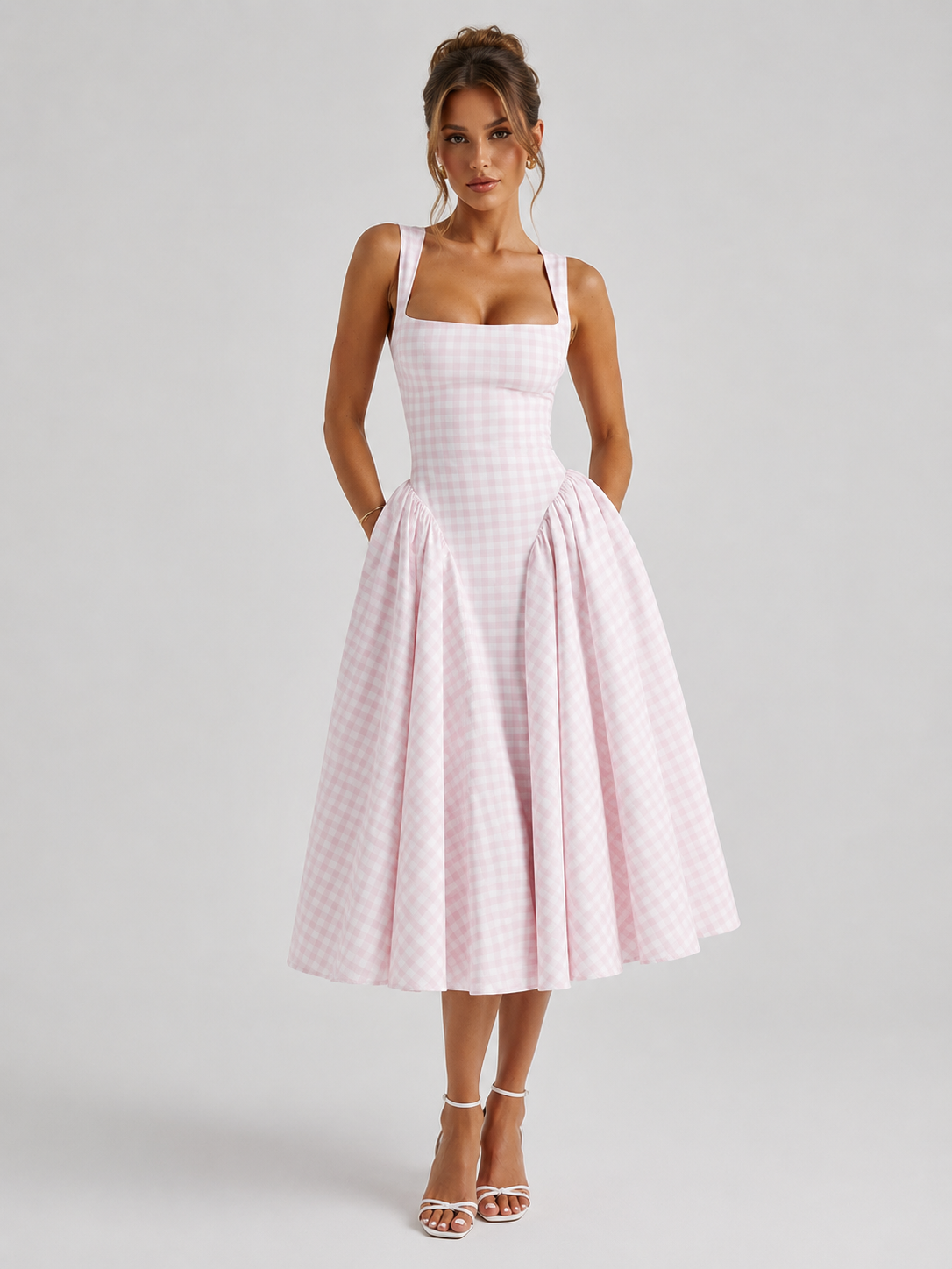 Women's Gingham Midi Dress with Sculpted Waist for Party