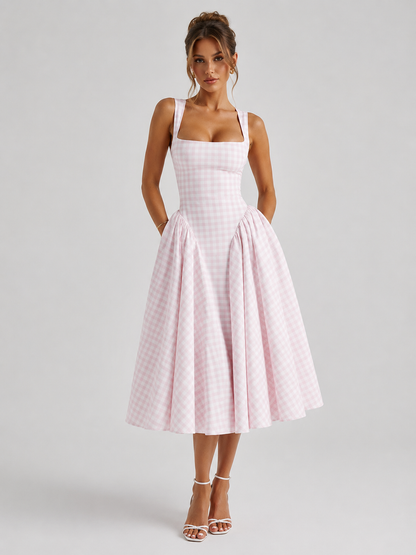 Women's Gingham Midi Dress with Sculpted Waist for Party