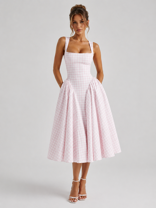 Women's Gingham Midi Dress with Sculpted Waist for Party