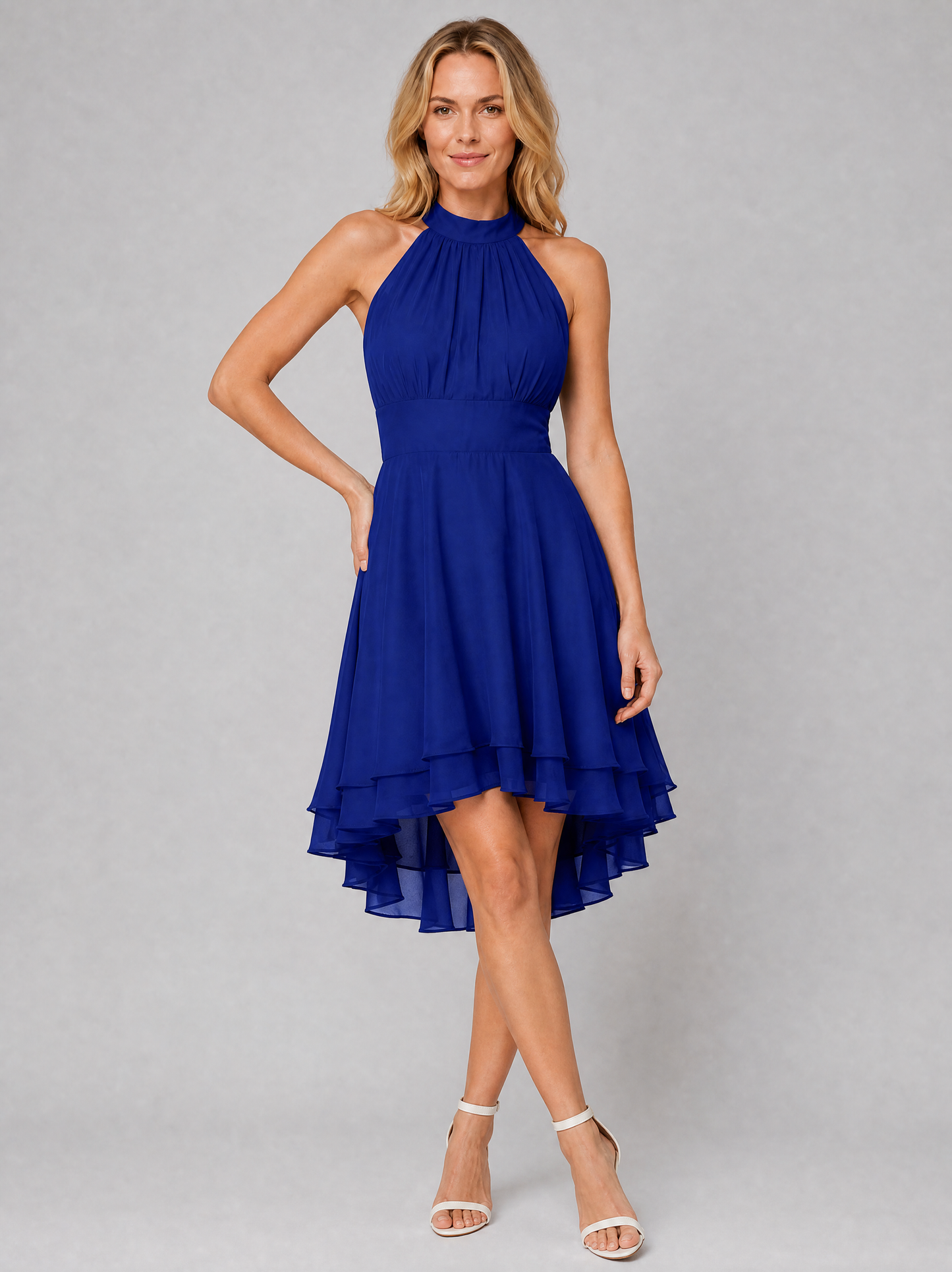 Women's Halter Neck Dress with Layered Hem for Wedding Guest