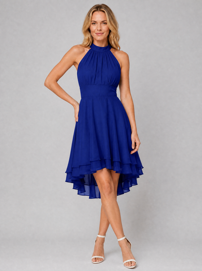 Women's Halter Neck Dress with Layered Hem for Wedding Guest