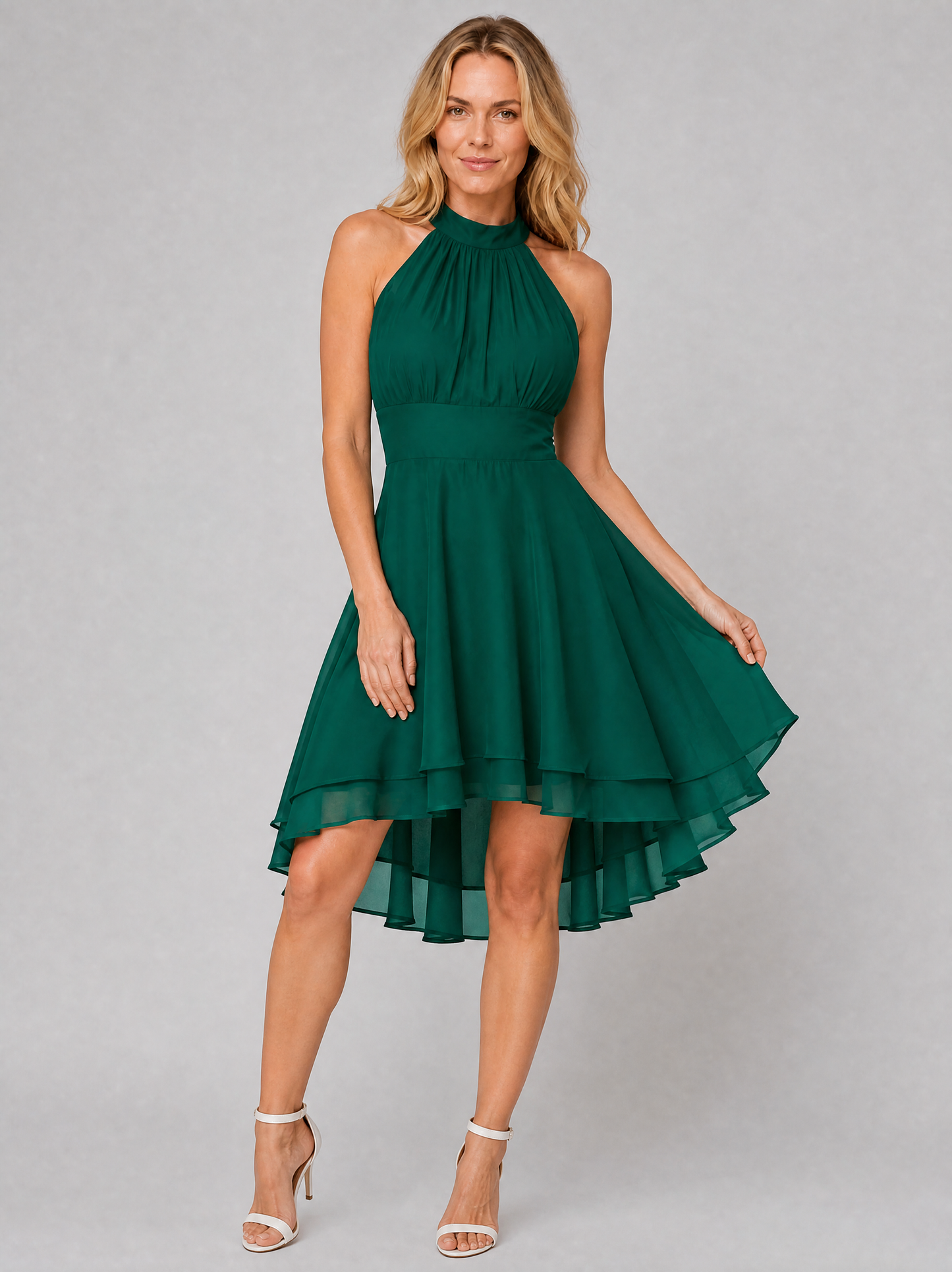 Women's Halter Neck Dress with Layered Hem for Wedding Guest