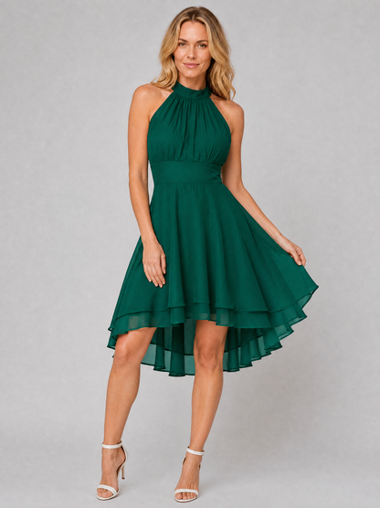 Women's Halter Neck Dress with Layered Hem for Wedding Guest