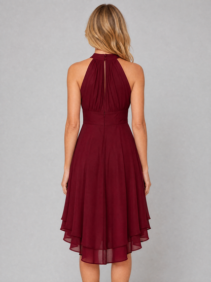 Women's Halter Neck Dress with Layered Hem for Wedding Guest