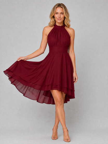 Women's Halter Neck Dress with Layered Hem for Wedding Guest