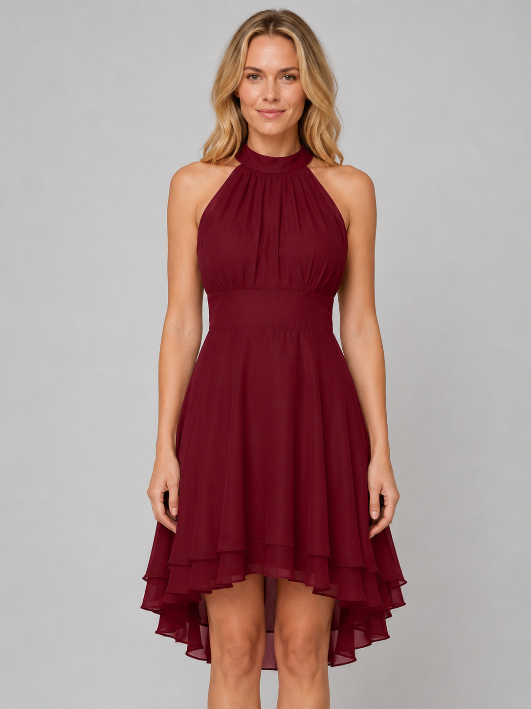 Women's Halter Neck Dress with Layered Hem for Wedding Guest