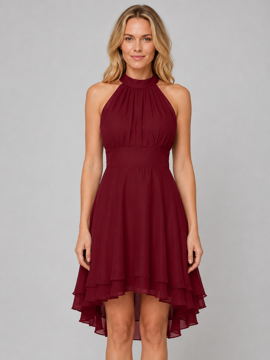 Women's Halter Neck Dress with Layered Hem for Wedding Guest