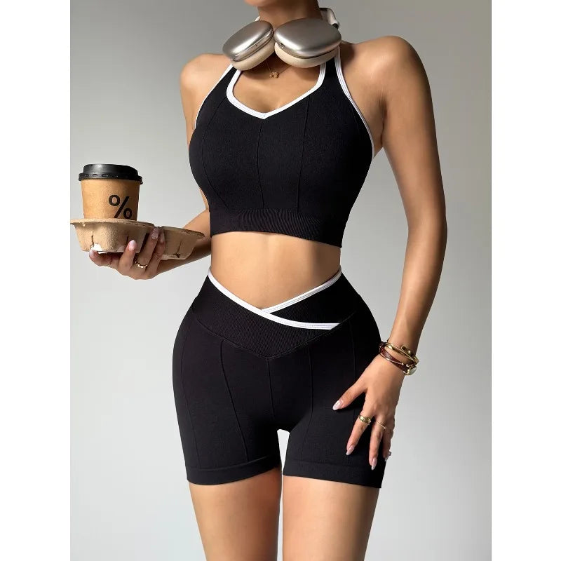 Women's Leggings &amp Shorts Set with Cross Waist for Gym
