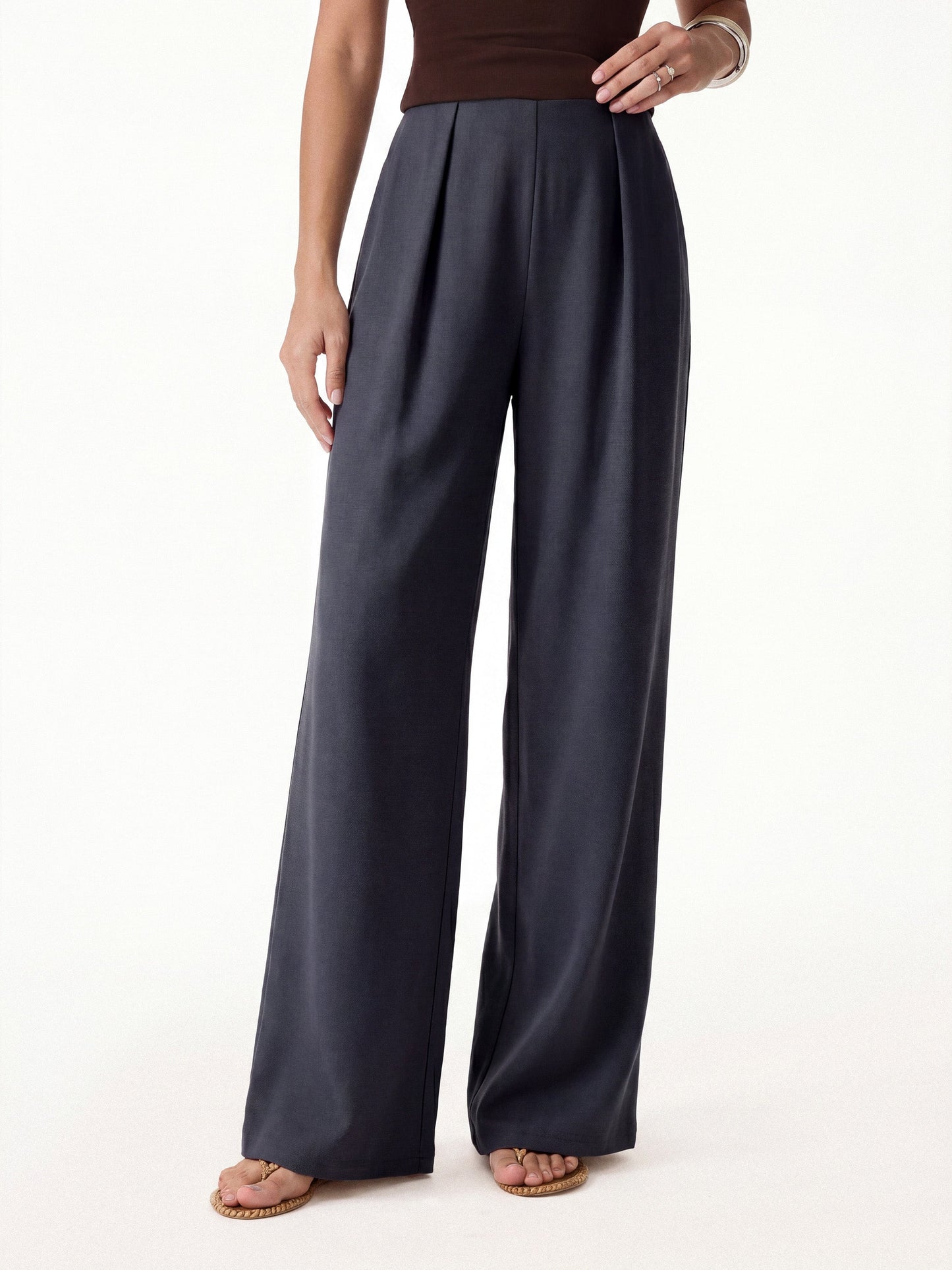 Women's Linen-Like Wide Leg Trousers with Pockets for Casual Wear