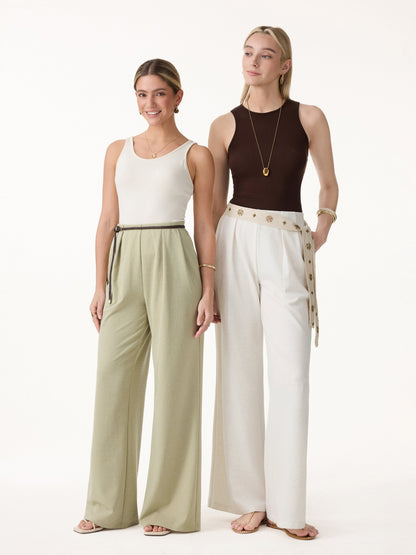 Women's Linen-Like Wide Leg Trousers with Pockets for Casual Wear