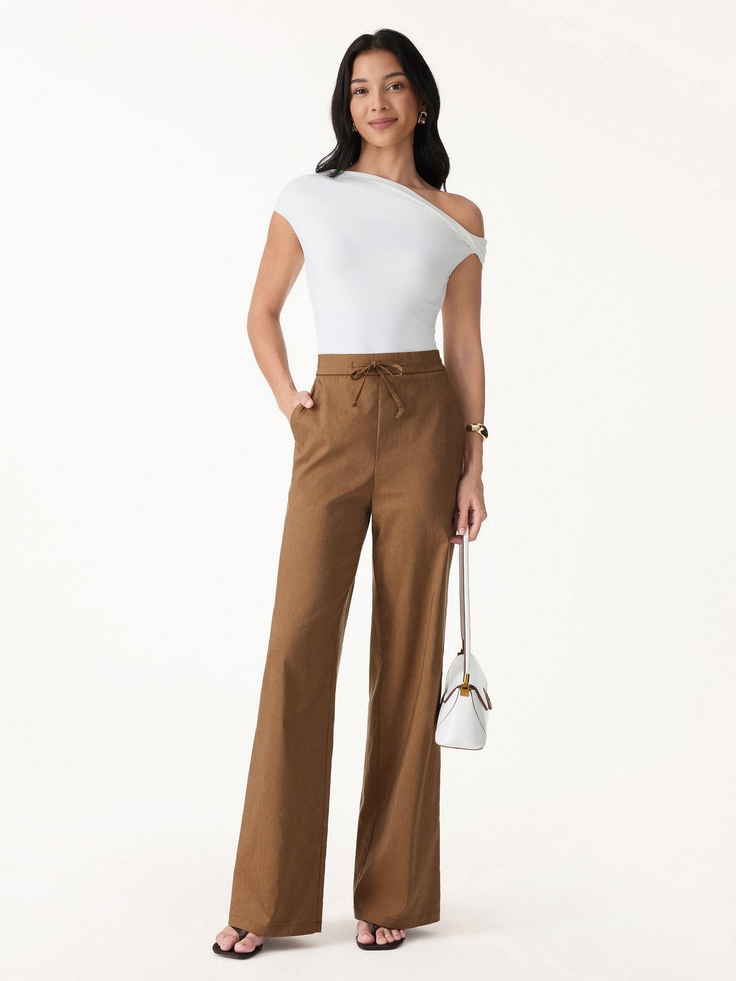 Women's Linen Wide Leg Trousers with Drawstring for Travel