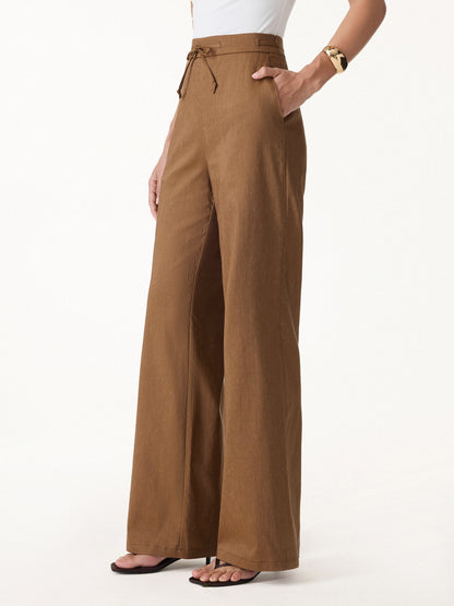 Women's Linen Wide Leg Trousers with Drawstring for Travel